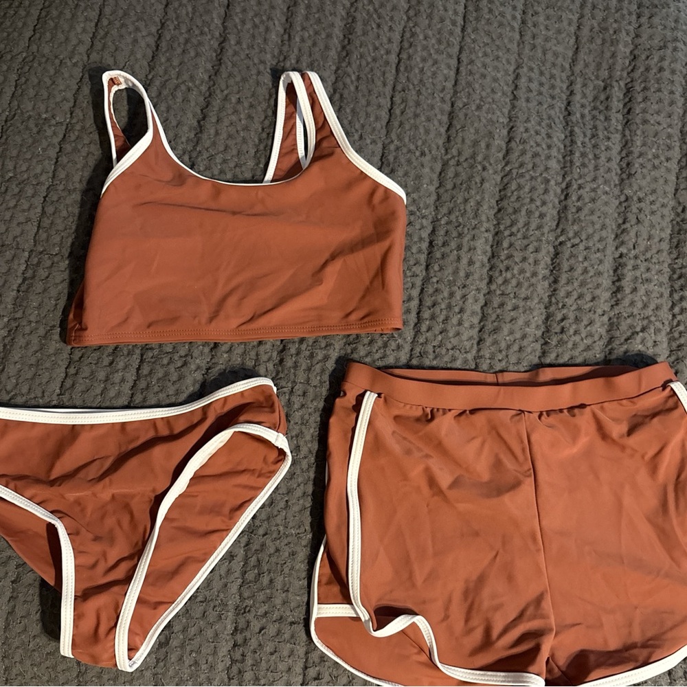 SHEIN Brown Bikini Set with White Trim